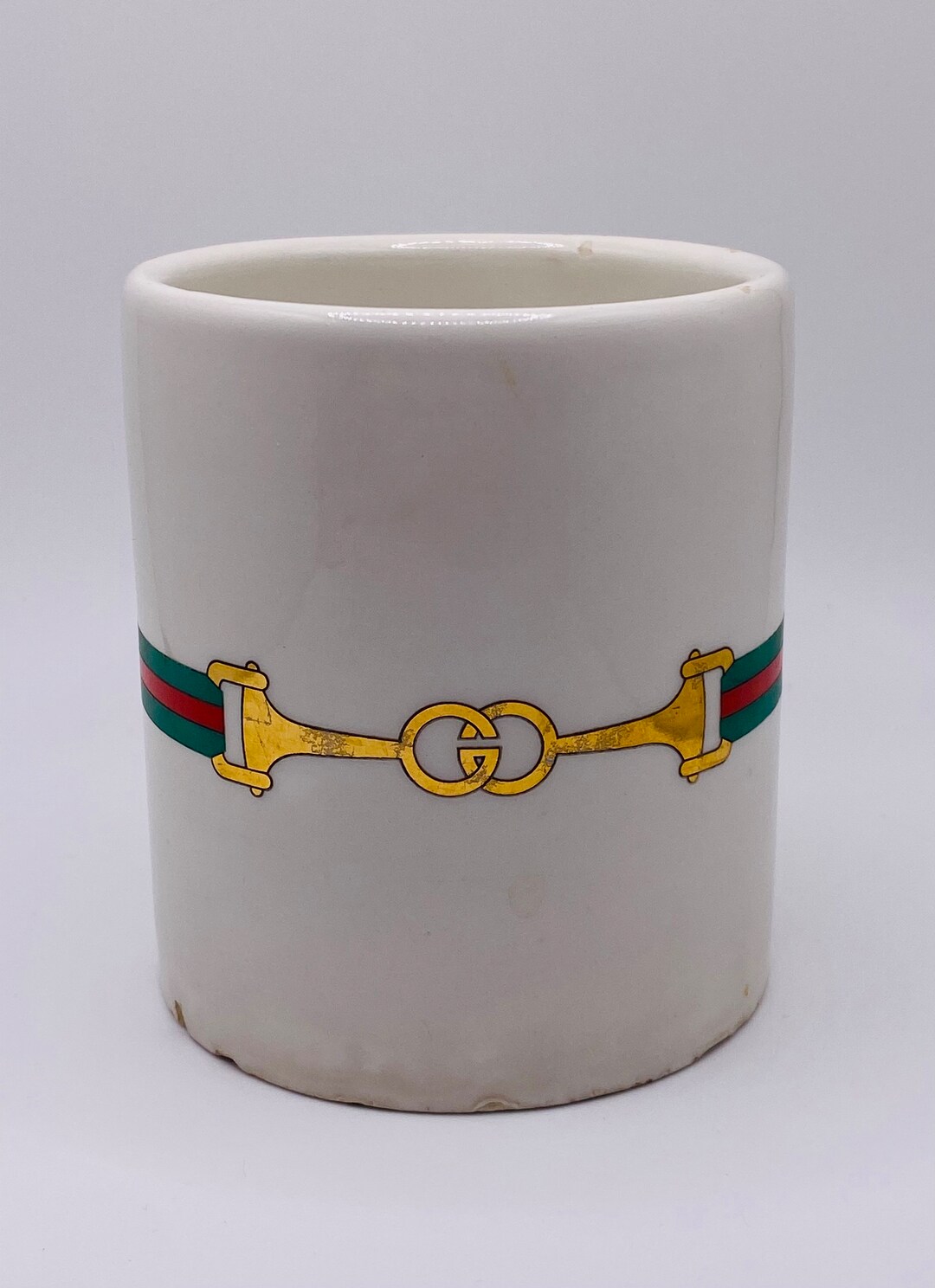 Vintage 70s Ceramic Gucci Coffee Mug Made in Italy Gold Foil Horsebit