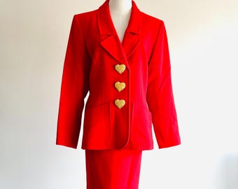 Vintage Yves Saint Laurent Rive Gauche Red Wool Skirt Suit | Gold Heart Buttons SS1993