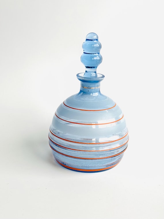 Vintage Czech Art Glass Perfume Bottle, Blue with Burnt Orange Rings