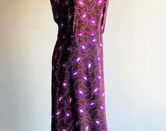 Vintage 40s Silk Dress, Purple Ribbon Floral Print, Keyhole Detail
