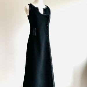 Vintage 60s Mod Courreges Paris black midi snap front dress iconic space age design for any design collection wool gabardine piping detail