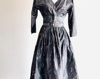 Vintage Motomachi Yokohama Grape 50s dress ikat kasuri print belted shatung silk