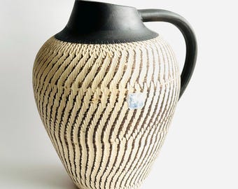 SP Hillscheid German Pottery Pitcher: Mid-Century Modern Carved Keramik