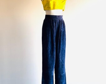 Vintage YSL Rive Gauche Blue Suede Pleated Pants, French Size 36