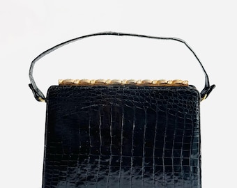 Vintage 1950s Mayer New York Croc-Embossed Patent Leather Handbag