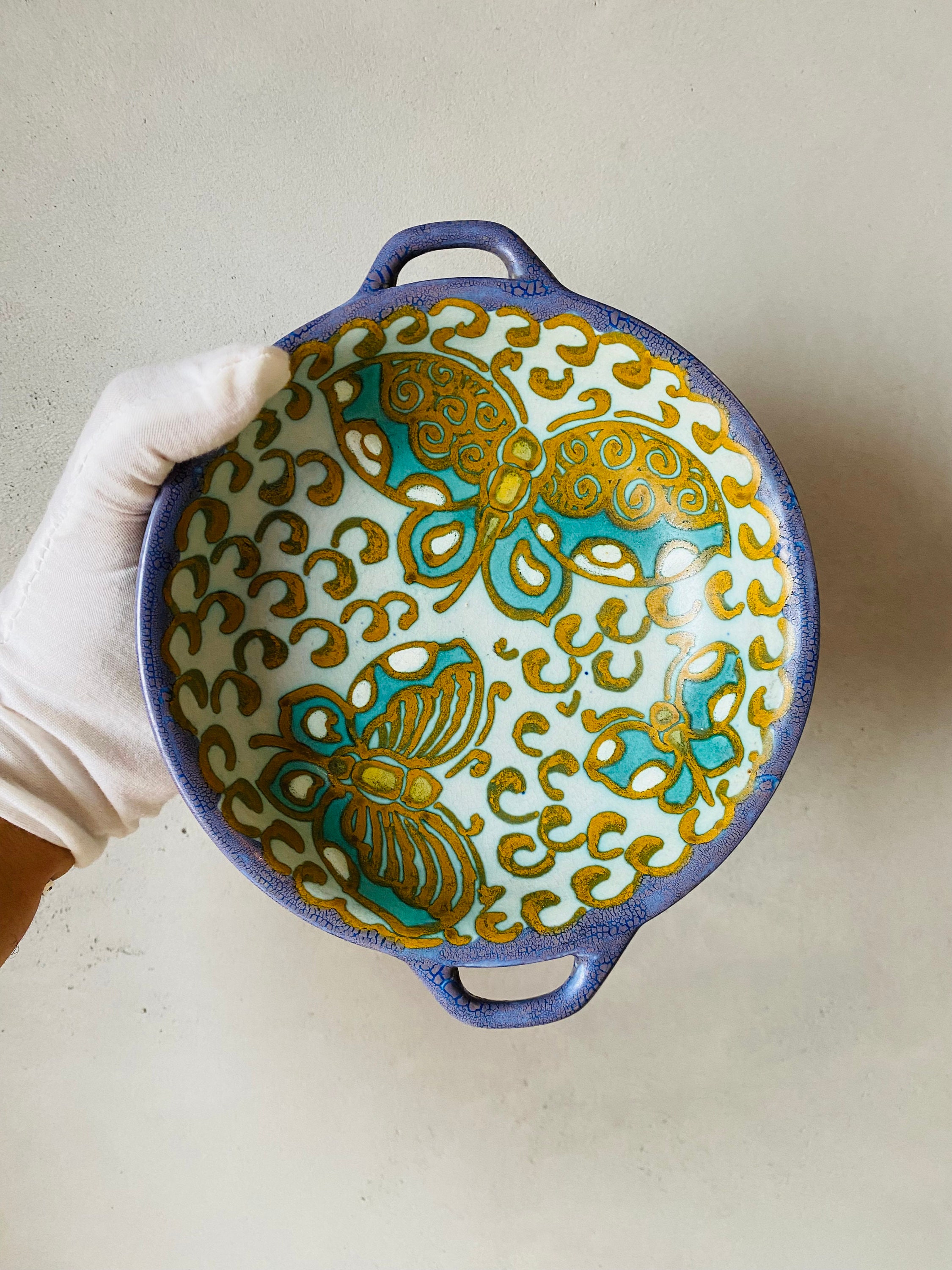 Antique Gouda Holland Ceramic Pedestal Dish: Art Nouveau Delftware