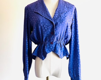 Vintage violet purple Silk satin blouse long sleeve jaquard print w/ peplum sz Small