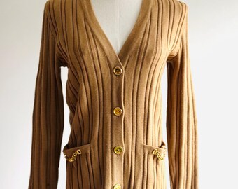Vintage Celine Wool Cable Knit Cardigan with Triomphe Logo, FR 40