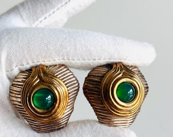 Vintage Bat-Ami sterling silver earrings green cabochon gold tone accent statement