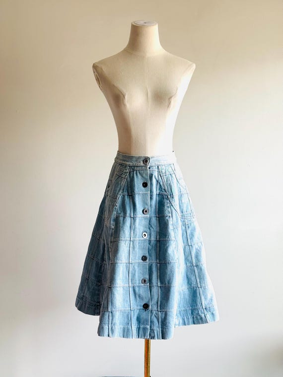 Vintage patchwork denim button down jean skirt 70… - image 1