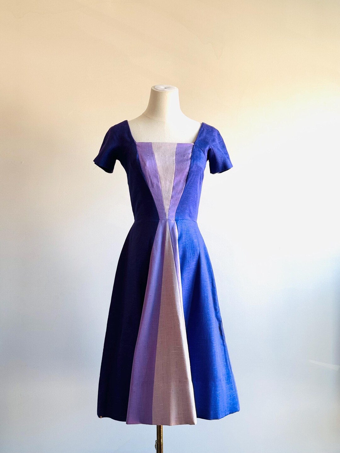 ESTEVEZ GRENELLE vintage evening cocktail party dress, 1950s brown paisley damask high low dress