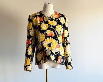 Vintage Hanae Mori Paris black floral blazer: yellow and pink 80s