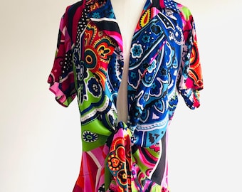 Vintage Sportmax Paisley Tie Front Blouse, Colorful Psychedelic Print, Size 8