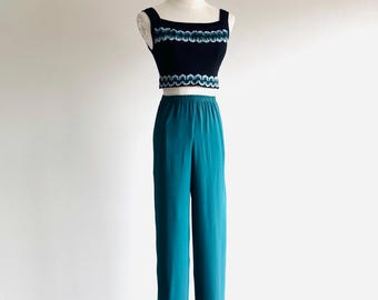 Vintage Yves Saint Laurent pajama pants trousers : teal with back trim
