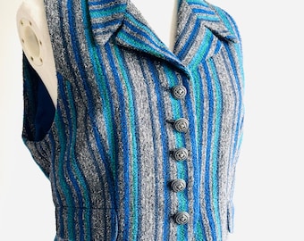 Vintage Versace Boucle Vest with Medusa Buttons, Pinstripe Gilet Sz M