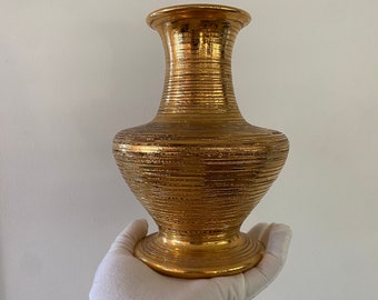 Vintage Bitossi vase 22k Gilt brushed scored Gold texture Vintage Italian rare piece by Aldo Londi for Raymor or Saks