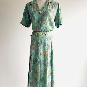 vintage Italian Silk skirt & blouse set by Fontana for Veneriano Made in Italy aquamarine abstract floral plaid print matching set with belt