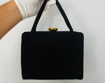 Vintage Michel Coronet Handbag: Black Cord Bag with Brass Clasp