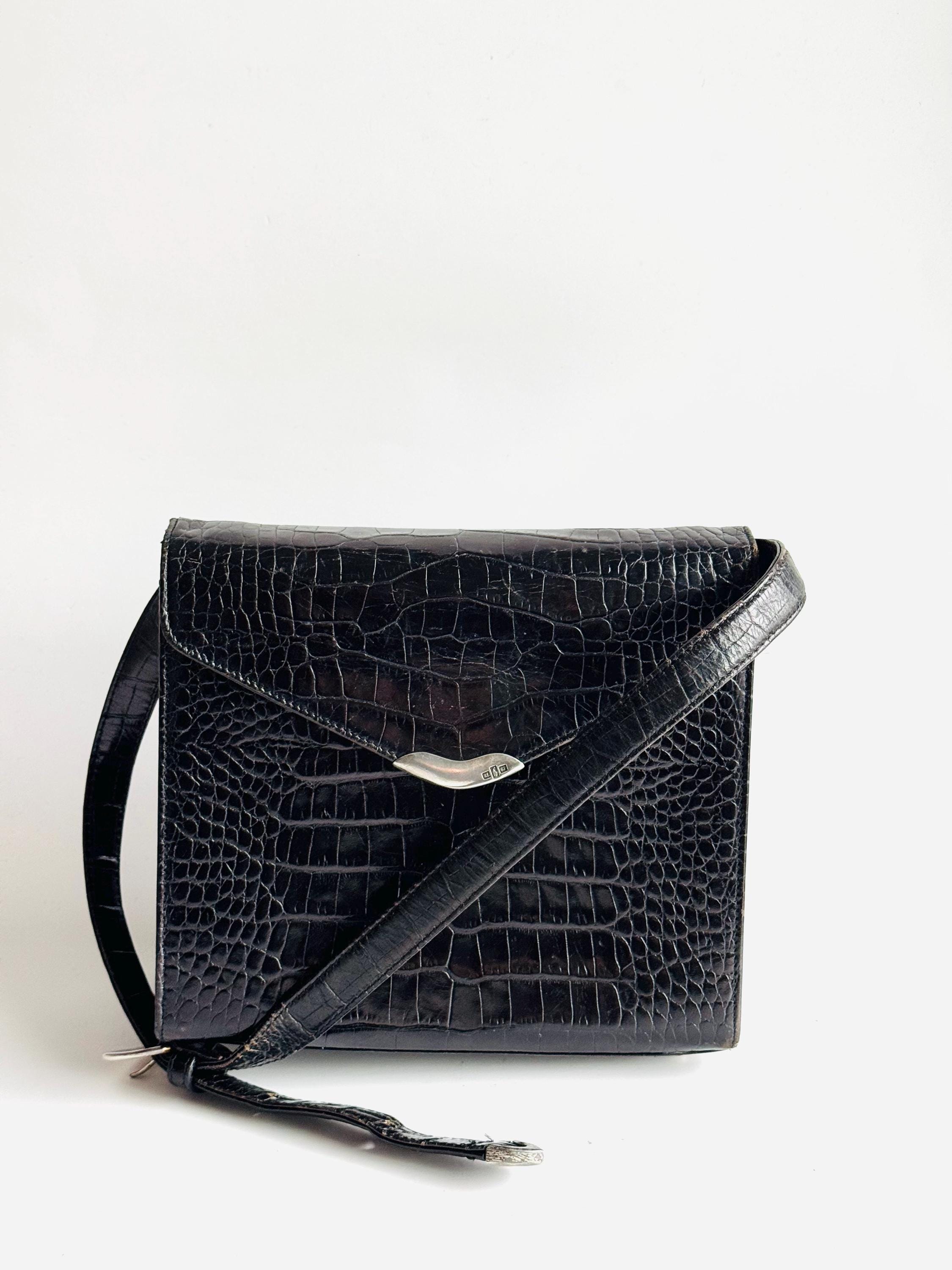 Vintage Ralph Lauren Black Croc Embossed Leather Convertible Bag