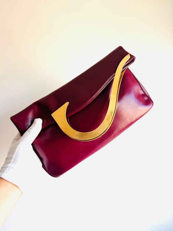 Vintage Burgundy Leather Convertible Clutch Tote - Brass Handles