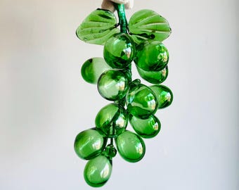 MCM green hand-blown glass grapes on a vine vintage