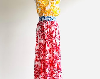 vintage Tracy Feith dress floral hibiscus tropical print  color block belted