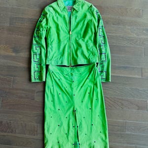 Vintage Gianni Versace Green Suede & Swarovski crystal embellished skirt suit jacket Spring 00 Donatella Versace Greca matching set
