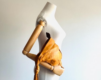 Vintage Romeo Gigli Leather Pouch Bag - Mustard Knotted Clutch, 90s