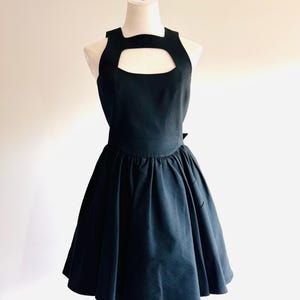 Vintage Thierry Mugler black mini dress harness style belt buckle strap open back mini party dress 90’s cocktail dress with pocket sz 38
