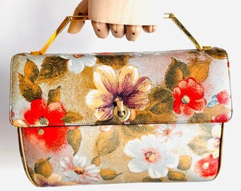 Vintage Floral Leather Convertible Clutch by Varon, 70s Top Handle Bag