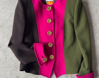 Vintage Christian Lacroix S/S 1991 runway colorblock wool blazer sz 10 fuchsia pink Chocolate brown & green w/ gold cross motif buttons