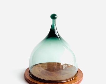Vintage Hadeland Glass Cheese Dome: Benny Motzfeldt Green Smoke Glass Cloche