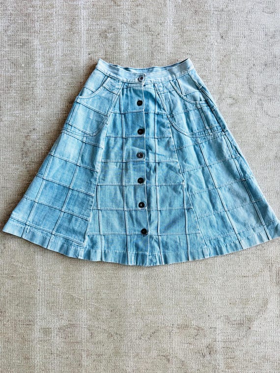 Vintage patchwork denim button down jean skirt 70… - image 2