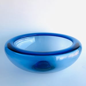 vintage mcm Per Lutken for Holmegaard big sapphire blue art glass Provence bowl, Mid Century Modern Danish modern art glass