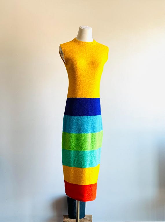 st john knits dresses Buy Vintage St. Dress Santana Knit Color Block Midi 70s Yellow Red Blue Online in India 17½   36/37
