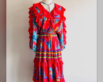 Vintage Diane Freis Midi Dress: Red bright lotus Print, ruffle details