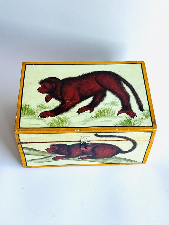 Vintage painted wood keepsake box monkey motif