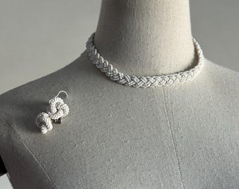 Vintage white caviar bead necklace and earrings set 50s / 60s