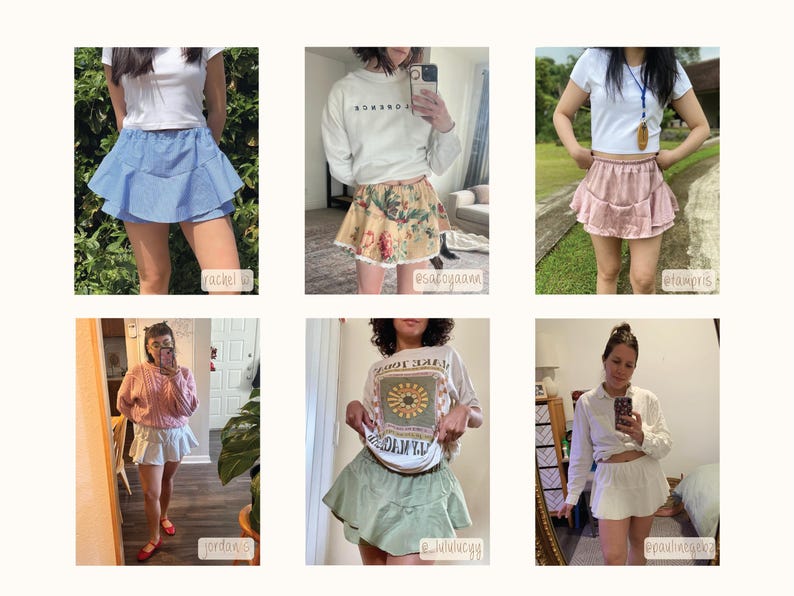 May include: A collage of six images featuring different women wearing various styles of ruffled skirts. The skirts are in different colors and fabrics, including denim, floral print, and satin. The women are wearing a variety of tops, including a white t-shirt, a floral print blouse, and a graphic tee.
