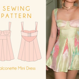 Balconette Mini Dress Sewing Pattern with Bustier Neckline and Godet Dress Flared Skirt XXS - XL