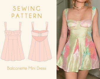 Balconette Mini Dress Sewing Pattern with Bustier Neckline and Godet Dress Flared Skirt XXS - XL