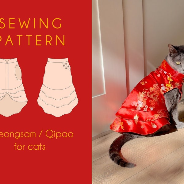 Robe Cheongsam / Qipao pour chats Patron de couture numérique PDF | Tutoriel de couture de vêtements pour animaux de compagnie en robe chinoise