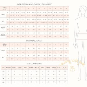 May include: A chart with garment measurements for a skirt in US sizes 0-20. The chart includes measurements for waist, hips, inseam, and length in inches and centimeters. There is also a chart with body measurements in inches and centimeters. The chart includes measurements for waist and hips. There is also a size conversion chart for US, EU, UK, and AU sizes.