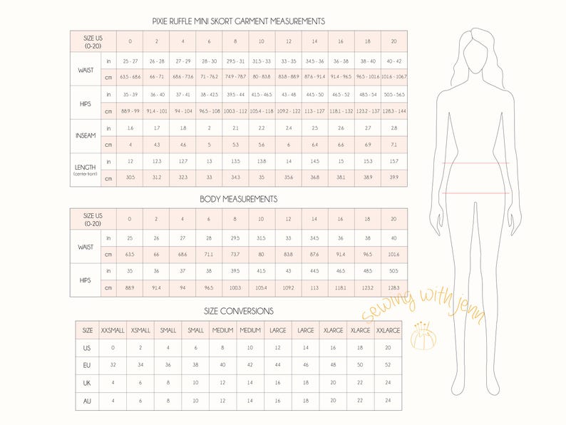 May include: A chart with garment measurements for a skirt in US sizes 0-20. The chart includes measurements for waist, hips, inseam, and length in inches and centimeters. There is also a chart with body measurements in inches and centimeters. The chart includes measurements for waist and hips. There is also a size conversion chart for US, EU, UK, and AU sizes.