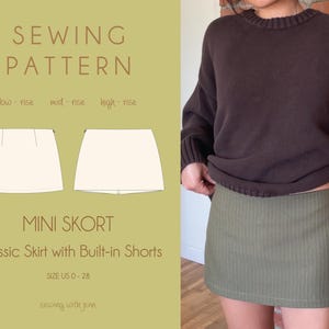 May include: A sewing pattern for a mini skort with options for low-rise, mid-rise, and high-rise fits, labeled 'SEWING PATTERN', 'MINI SKORT', 'Classic Skirt with Built-in Shorts', 'SIZE US 0-28', and 'sewing with jenn'. Includes a green mini skort.