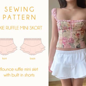 Mönster för Pixie Ruffle Mini Skort, volangkjol med volang, sömnadsmönster för inbyggda shorts PDF 0-20