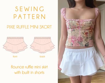 Pixie Ruffle Mini Skort Sewing Pattern Flounce Ruffle Mini Skirt Sewing Pattern Built in Shorts PDF 0-20