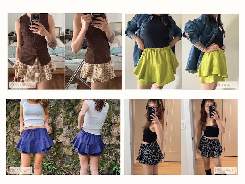May include: Four different women are wearing various styles of ruffled skirts. The skirts are in different colors and patterns, including plaid, green, blue, and black and white polka dots.