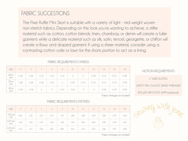 May include: A chart showing fabric requirements in yards and meters for a Pixie Ruffle Mini Skort. The chart includes sizes from 0 to 20. The chart also includes a list of notions required for the project, including 1-inch wide elastic, a safety pin/elastic band threader, and a rolled hem foot.