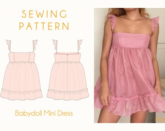 Babydoll Mini Dress Sewing Pattern Babydoll Puff Dress Pattern Flutter Sleeves Gathered Skirt Ruffled Hem Fairy Dress XXS - XXL